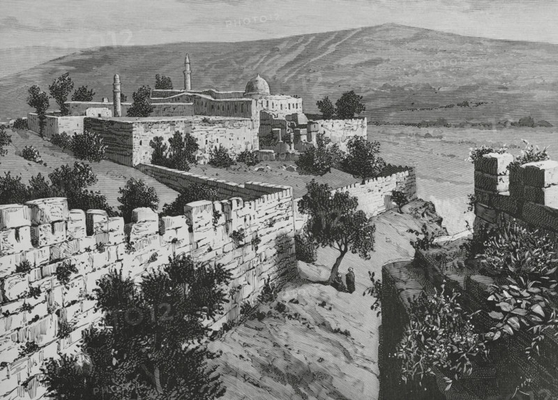 Jerusalem, Israel. Walls of the Temple of the Presentation. Engraving by Bernardo Rico (1825-1894). La Ilustracion Espanola y Americana (The Spanish and American Illustration). Supplement to issue XIII, April 1884.