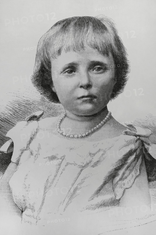 Maria de las Mercedes de Borbon y Habsburgo-Lorena (1880-1904). Infanta of Spain and Princess of Asturias throughout her life. First-born daughter of Alfonso XII (1857-1885) and Maria Christina of Austria (1858-1929). Portrait. Engraving. La Ilustracion Espanola y Americana (The Spanish and American Illustration), April 22, 1884.