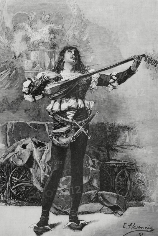 A Troubadour. Engraving after a watercolour by the Spanish painter Casto Plasencia (1846-1890). La Ilustracion Espanola y Americana (The Spanish and American Illustration), April 30, 1884.