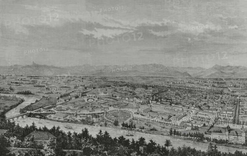 Turin, Italy. General Italian Artistic and Industrial Exhibition. It was held between April and November 1884 in the Parco del Valentino, officially opened on 26 April 1884. Panoramic view from the right bank of the River Po. Engraving by Tomas Carlos Capuz (1834-1899). La Ilustracion Espanola y Americana (The Spanish and American Illustration), May 8, 1884.