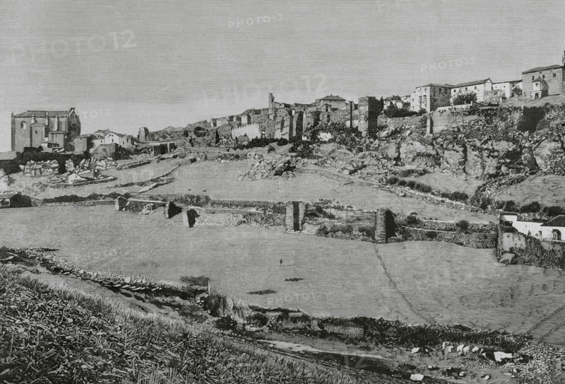 History of Spain. Ronda, Andalusia. Panoramic view of the town with its ancient walls founded by the Romans and restored in the Muslim period. Engraving. La Ilustracion Espanola y Americana (The Spanish and American Illustration), May 8, 1884.