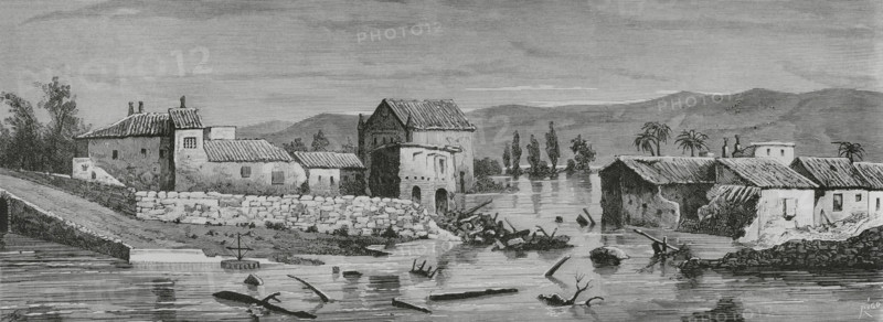 History of Spain. Floods in Lorca (Murcia). General aspect of the neighbourhood of Santa Quiteria, on the afternoon of 22 May 1884. Engraving by Bernardo Rico (1825-1894). La Ilustracion Espanola y Americana (The Spanish and American Illustration), May 30, 1884.