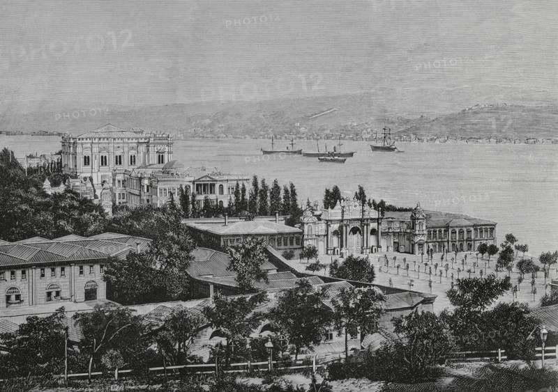History of Turkey. Constantinople. Dolmabahce Palace. Built between 1843 and 1856 by order of Sultan Abdulmecid I (1823-1861). It was the official residence of the Turkish sultans and the administrative centre of the Ottoman Empire between 1856-1887 and 1909-1922. Dolmabahce Imperial Palace, on the banks of the Bosphorus. Engraving by Vela. La Ilustracion Espanola y Americana (The Spanish and American Illustration), February 22, 1884.