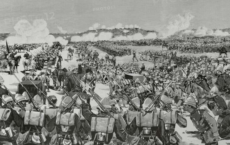 Mahdist War (1881-1899). It faced the followers of Sudanese religious leader Muhammad Ahmad bin Abdullah bin Fahal, the self-proclaimed Mahdi, against Egyptian Khedivate troops, who were later joined by British forces. Second Battle of El Teb (29th February 1884). Major General Gerald Graham (1831-1899), commanding an army of British and Indian soldiers, defeated the Mahdists led by Osman Digna, whose main position was on a hill near El Teb. The British army advances towards the heights occupied by the insurgents. Drawing by M. Alcazar. Engraving by Vela. La Ilustracion Espanola y Americana (The Spanish and American Illustration), March 30, 1884.