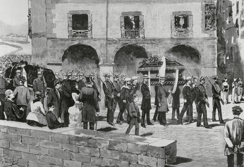 History of Spain. Castro Urdiales. Civic-religious procession in the act of returning from the Hospital orchard to the town cemetery, on 2 May 1884, carrying the cinerary urns containing the mortal remains of the deceased. Transfer of the remains of the military wounded in the Somorrostro battles and those who died in the municipal hospital in 1874 to the cemetery. Commemoration of the tenth anniversary of the lifting of the siege of Bilbao (2 May 1874), during the Third Carlist War (1872-1876). Drawing by Manuel Alcazar. Engraving by Arturo Carretero. La Ilustracion Espanola y Americana (The Spanish and American Illustration), May 30, 1884.