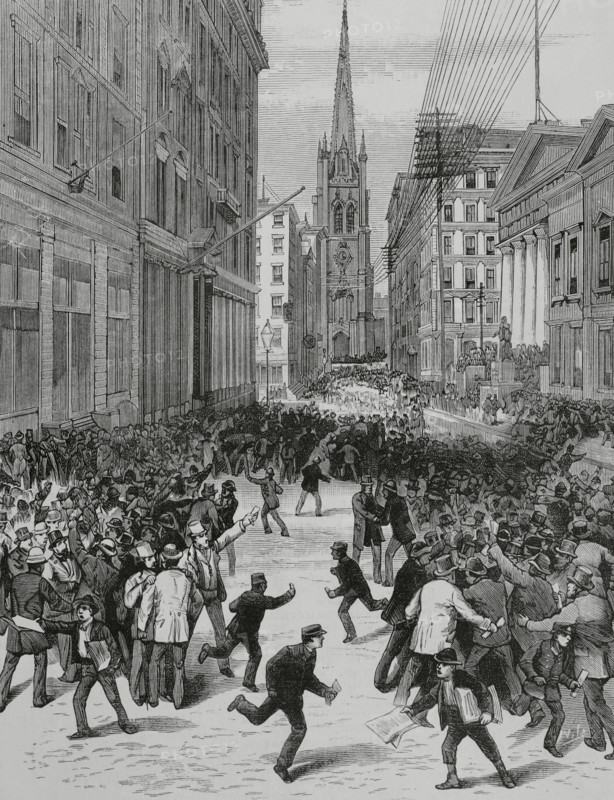 New York, United States. Panic of 1884. Economic crisis during the Depression of 1882-1885. Wall Street at the height of the panic on the afternoon of 14 May 1884. Perspective taken from the side opposite Trinity Church. Engraving by Vela. La Ilustracion Espanola y Americana (The Spanish and American Illustration), June 8, 1884.