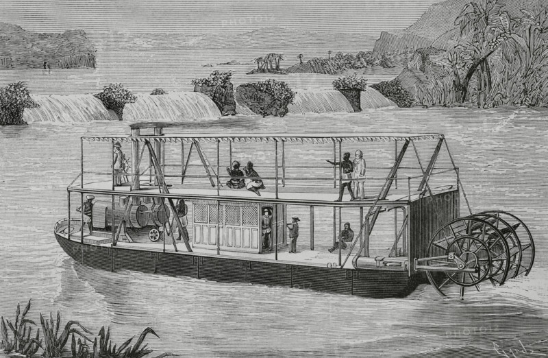 Exploration of Central Africa. In mid-1883, Henry Morton Stanley (1841-1904), who was exploring the Congo with much hardship, asked the International African Association (International Association for the Exploration and Civilization of Central Africa), whose president was King Leopold II of Belgium (1835-1909), for a light river-going vessel that could be easily transported by land when navigation was interrupted by geographical features. The Association passed the commission to the shipbuilders Yarrow & Company, outside London. The vessel consisted of six galvanised steel sections, which were bolted together. It was 21 metres long and 3 metres deep, with two steam engines and a broad-bladed wheel instead of a propeller. It could be transported by land divided in these sections. At the beginning of March 1884, an official navigation test was carried out on the River Thames, with excellent results. The ""Stanley"". Engraving by Tomas Carlos Capuz (1834-1899). La Ilustracion Espanola y ...