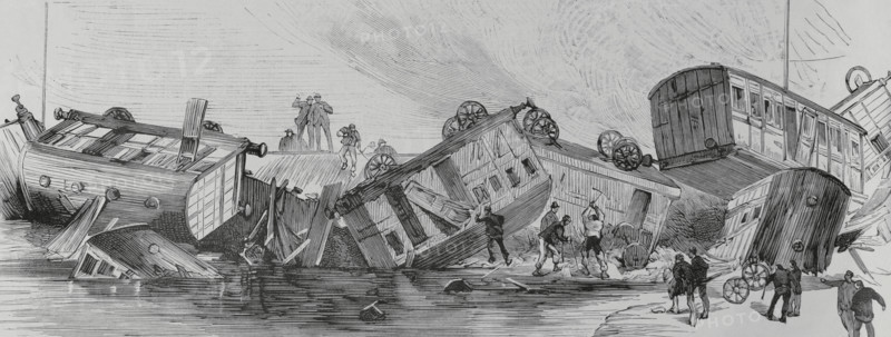 England. Railway accident suffered by one of the ""Salisbury and Dorset Junction Railway"" trains that covered the route between Salisbury-Weymouth, at 4:30 p.m. on June 3, 1884. The train derailed south of Downton in Wiltshire, eight miles from Salisbury. Forty-one people were injured and four died. Three of them drowned when a carriage overturned in a drainage ditch. Engraving. La Ilustracion Espanola y Americana (The Spanish and American Illustration), June 22, 1884.