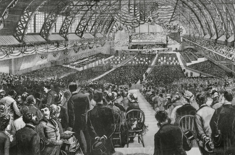 United States. Chicago. Eighth Republican National Convention (3-6 June 1884). Preparations for the Presidential Election. Session held in the great Exposition Hall on June 1, 1884. James G. Blaine (1830-1893), a former senator from Maine, was nominated as the Republican candidate for the November 1884 election. Blaine was narrowly defeated by Grover Cleveland. Engraving by Bernardo Rico (1825-1894). La Ilustracion Espanola y Americana (The Spanish and American Illustration), June 22, 1884.