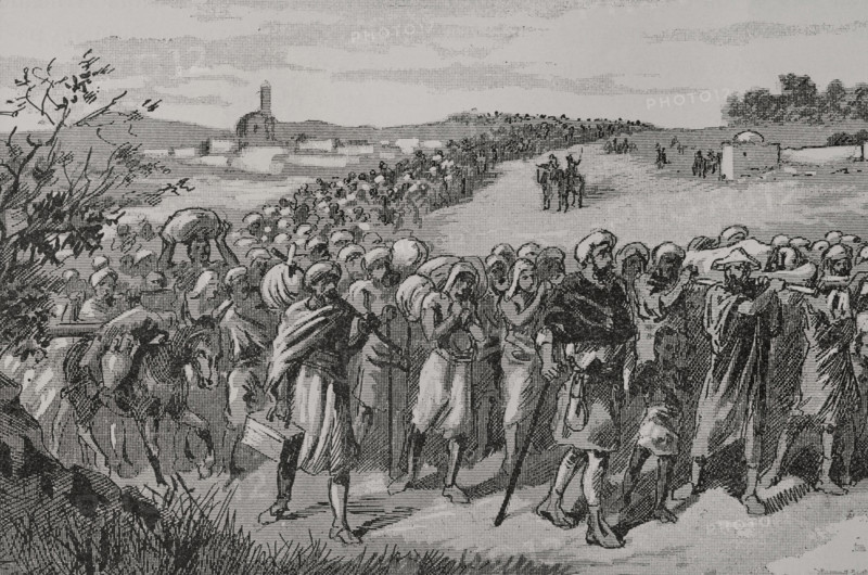 Expulsion of the Moriscos from Spain by order of King Philip III in 1609 after debate in the Council of State. It was decided to expel the Moriscos on 9 April 1609, which the king approved. The expulsion began in the kingdom of Valencia. The Moriscos were Christians of Muslim origin who were forced to convert to Christianity after the conquest of the Muslim kingdoms by the Christian peninsular kingdoms. Expulsion of the Moriscos from Valencia. Illustration by Serra Pausas. ""Glorias Espanolas"" (Glories of Spain). Volume IV. Published in Barcelona, 1890.