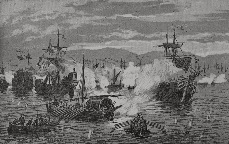 Naval battle of Ragusa (22 November 1617). The Spanish squadron of the Viceroy of Naples, Duke of Osuna (Pedro Tellez-Giron y Velasco) (1574-1624), under the command of Admiral Francisco de Rivera (ca. 1582-1646), defeated the squadron of the Republic of Venice led by Admiral Lorenzo Veniero (ca. 1582-1646). Illustration by Serra Pausas. ""Glorias Espanolas"" (Glories of Spain). Volume IV. Published in Barcelona, 1890.