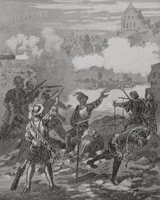 Eighty Years' War (1568-1648). Siege of Maastricht (March 12 to July 1, 1579). In 1578 Maastricht declared its rebellion against the Spanish crown. On 12 March 1579, Alexander Farnese deployed his troops in front of the city of Maastricht and the siege began. Illustration by Serra Pausas. ""Glorias Espanolas"" (Glories of Spain). Volume IV. Published in Barcelona, 1890.