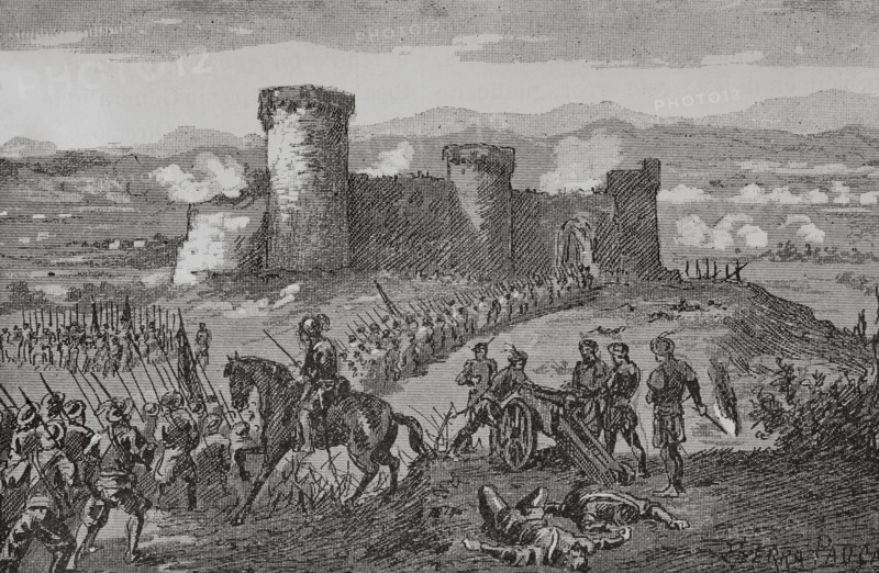 Reapers' War"" (1640-1652). Catalonia. Fluvia Castle. Don Antoni Fluvia, lord of the castle, and several relatives and servants were killed by soldiers of the Neapolitan cavalry under the command of the brothers Mucio and Fadrique Spatafora, whom they had denied lodging in his castle in Palautordera, which was sacked and burnt. Attack on Fluvia Castle by Mucio Spatafora's tercios. Illustration by Serra Pausas. ""Glorias Espanolas"" (Glories of Spain). Volume IV. Published in Barcelona, 1890.