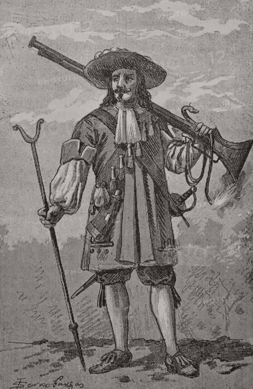 Coronelia de la Guarda del Rey (Royal Guard). Military unit based in Madrid, with the mission of defending the Spanish royal house. It was instituted by the regent Mariana of Austria in 1669, during the minority of her son Charles II. It was popularly known as ""the Chamberga"", because of the coat it wore as a uniform. Soldier of the Chamberga. Illustration by Serra Pausas. ""Glorias Espanolas"" (Glories of Spain). Volume IV. Published in Barcelona, 1890.