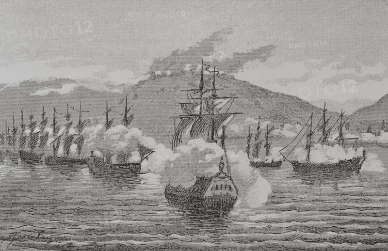 Nine Years' War or War of the Grand Alliance (1688-1697). Great power conflict that faced France against the League of Augsburg. The French squadron bombarded the city of Barcelona on 11 and 12 July 1691. Bombardment of Barcelona by the French squadron. Illustration by Serra Pausas. ""Glorias Espanolas"" (Glories of Spain). Volume IV. Published in Barcelona, 1890.