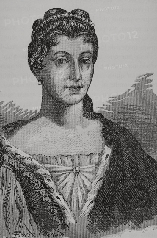 Marie Anne de la Tremoille (ca. 1642-1722). Princess des Ursins. French noblewoman. Queen’s camarera mayor to Maria Luisa of Savoy (first wife of King Philip V of Spain). Portrait. ""Glorias Espanolas"" (Glories of Spain). Volume IV. Published in Barcelona, 1890.