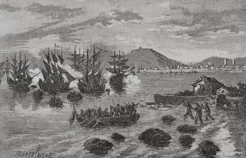 War of the Spanish Succession (1705-1714). ""Siege of Barcelona"" (14 September to 9 October 1705). The troops of Archduke Charles of Austria, led by Charles Mourdant (1658-1735) (third Earl of Peterborough), besieged and took the city of Barcelona. The allied fleet arrived in Barcelona (Catalonia, Spain) on 22 August 1705. Siege of Barcelona by Archduke Charles of Austria. Illustration by Serra Pausas. ""Glorias Espanolas"" (Glories of Spain). Volume IV. Published in Barcelona, 1890.