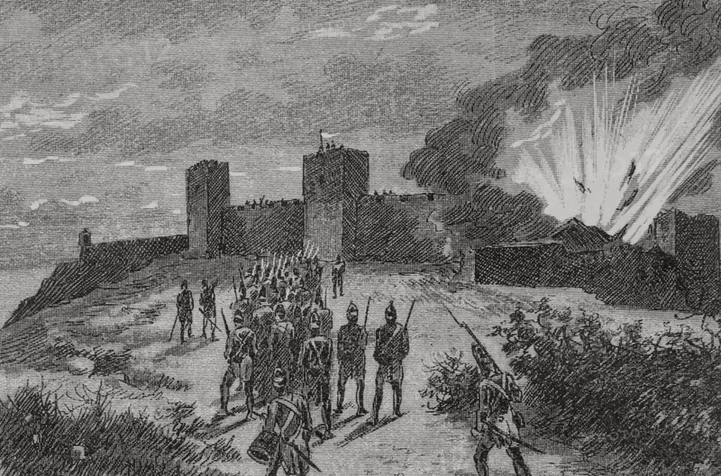 War of the Spanish Succession (1705-1714). ""Battle of Montjuic"" (13-17 September 1705). The troops of Archduke Charles of Austria, led by Charles Mourdant (1658-1735) (third Earl of Peterborough), besieged and took the city of Barcelona, conquering the castle of Montjuic, which was defended by the viceroy of Catalonia, Francisco de Velasco. Storming of Montjuic by Peterborough. Illustration by Serra Pausas. ""Glorias Espanolas"" (Glories of Spain). Volume IV. Published in Barcelona, 1890.