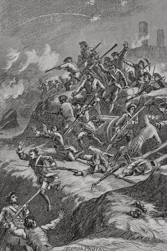 War of the Spanish Succession (1705-1714). Catalonia campaign. Siege of Barcelona (1713-1714). On 12 August 1714, the Bourbon army set out to attack the city of Barcelona. On the 12th, 13th and 14th they carried out several artillery bombardments on the Santa Clara Bastion, although the Duke of Berwick was finally defeated by the Catalans. The Barcelonians come out in force. Illustration by Serra Pausas. ""Glorias Espanolas"" (Glories of Spain). Volume IV. Published in Barcelona, 1890.