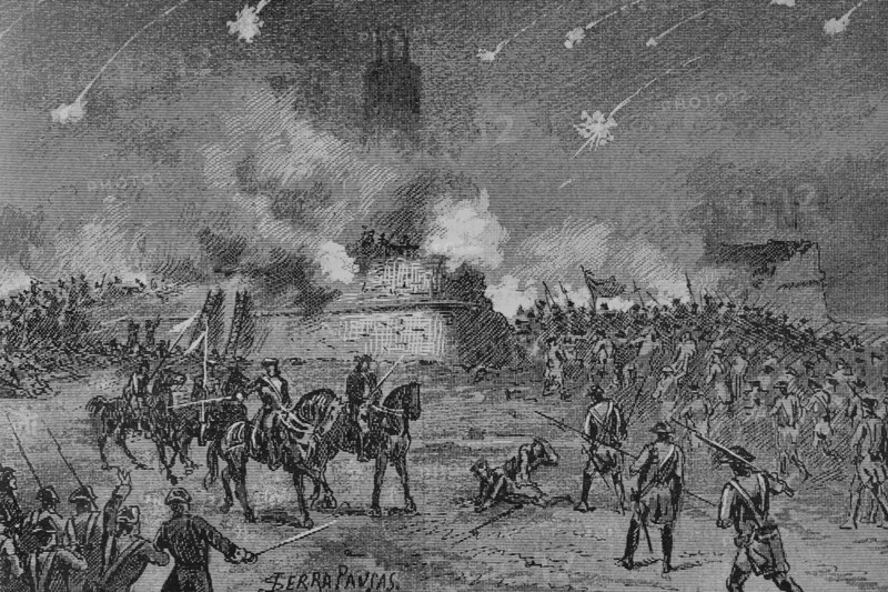 War of the Spanish Succession (1705-1714). Catalonia campaign. Siege of Barcelona (1713-1714). Battle of Santa Clara Bastion. On 12 August 1714, the Bourbon army set out to attack the city of Barcelona. On the 12th, 13th and 14th they carried out several artillery bombardments on the Santa Clara Bastion, although the Duke of Berwick was finally defeated by the Catalans. Storming on the Santa Clara Bastion. Illustration by Serra Pausas. ""Glorias Espanolas"" (Glories of Spain). Volume IV. Published in Barcelona, 1890.