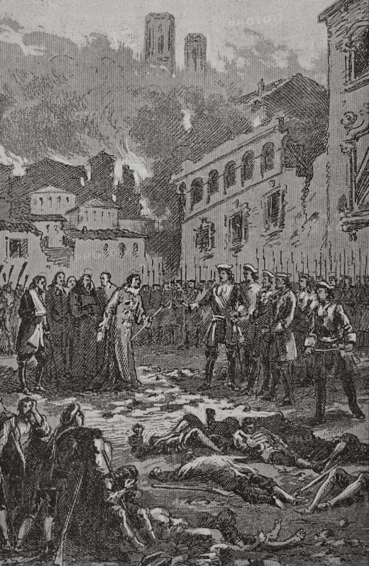 War of the Spanish Succession (1705-1714). Catalonia campaign. Siege of Barcelona (1713-1714). After the final storming of Barcelona by the Bourbon troops on 11 September 1714, the Three Commons of Catalonia agreed to the surrender of the city on the following day, 12 September. On the 13th Barcelona was occupied by the Bourbon troops of the Duke of Berwick. Surrender of Barcelona. ""Glorias Espanolas"" (Glories of Spain). Volume IV. Published in Barcelona, 1890.