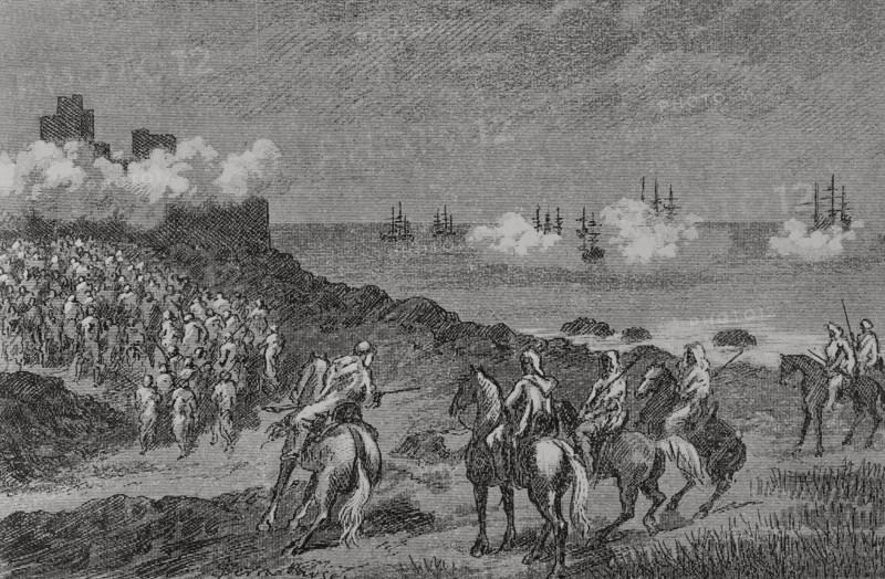 Siege of Ceuta (23 October 1694 to 22 April 1727). The army of the Moroccan Sultan Muley Isma'il (1678-1727) carried out an armed blockade of the city of Ceuta. The Marquis of Lede (Jean Francois Nicolas de Bette, 1672-1725), a Flemish military officer in the service of Spain, arrived in 1720 with a military contingent to repel the besiegers. Liberation of Ceuta by the Marquis of Lede. Illustration by Serra Pausas. ""Glorias Espanolas"" (Glories of Spain). Volume IV. Published in Barcelona, 1890.