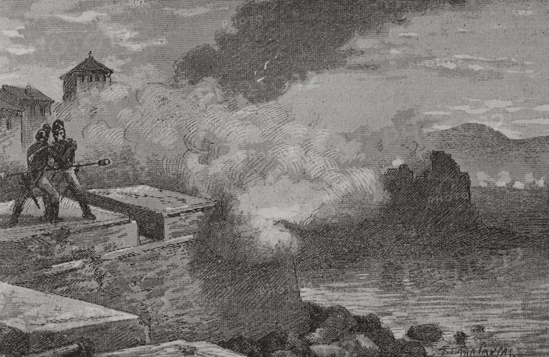 Peninsular War (1808-1814). Catalonia. ""Siege of Rosas"" (7 November to 6 December 1808). The French general Laurent Gouvion Saint-Cyr (1764-1830) besieged the fortifications of Rosas to take the town, which was defended by Spanish troops under the command of Colonel Pedro O'Daly. Defence by sea was entrusted to British ships. Late on 5 December, Colonel O'Daly sent a parliamentarian to request capitulation, given the impossibility of resisting the French siege. Defence of Rosas. Illustration by Serra Pausas. ""Glorias Espanolas"" (Glories of Spain). Volume IV. Published in Barcelona, 1890.