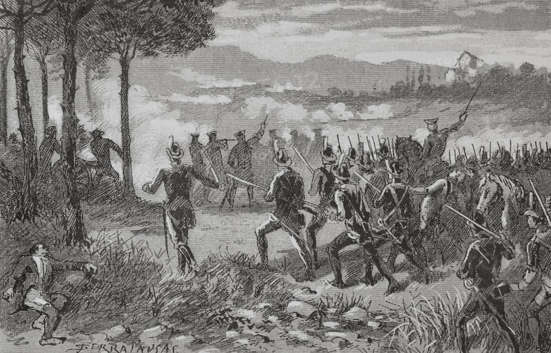 War of the Pyrenees (7 March 1793 to 22 July 1795). ""Battle of Trouillas"" (22 September 1793. The Spanish troops of King Charles IV, under the command of General Antonio Ricardos (1727-1794), defeated the French forces led by General Luc Dagobert (1736-1794). Victory of General Ricardos at Trouillas. Illustration by Serra Pausas. ""Glorias Espanolas"" (Glories of Spain). Volume IV. Published in Barcelona, 1890.