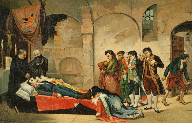 Peninsular War (1808-1814). Madrid. The corpses of Daoiz and Velarde in the crypt of St. Martin's Monastery. The Heroes of the Second of May 1808. Chromolithography after a painting by Jose Nin y Tudo (1840-1908) in 1876. ""Glorias Espanolas"" (Glories of Spain). Volume IV. Published in Barcelona, 1890.