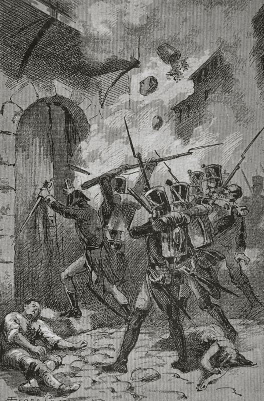 Spain, Madrid. Suppression by French troops after the Dos de Mayo Uprising, 1808. The struggle in the streets of Madrid. Illustration by Serra Pausas. ""Glorias Espanolas"" (Glories of Spain). Volume IV. Published in Barcelona, 1890.