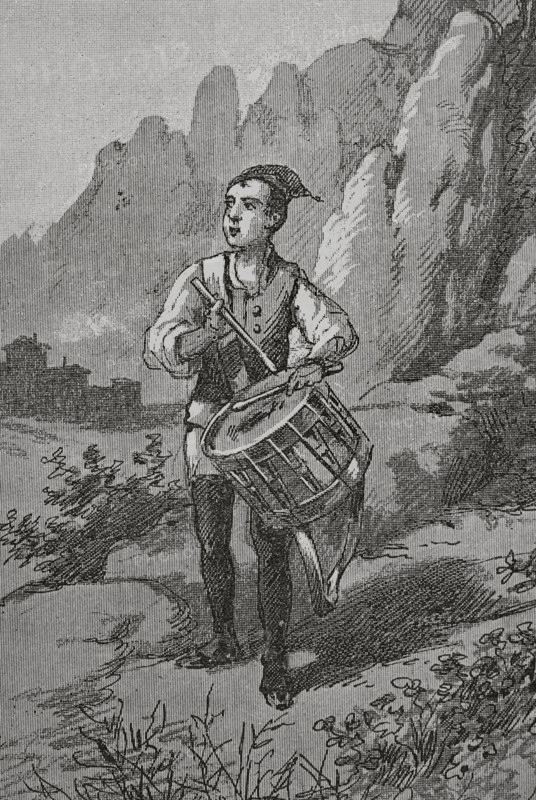 Peninsular War (1808-1814). Catalonia. Battles of El Bruch. Drummer of El Bruc. The drummer Isidro Llussa i Casanoves (1791-1809), called Isidret Lluca, enlisted in the Somatent (Somaten) at the age of sixteen or seventeen. His drum roll in the second battle (14 June 1808), amplified by the echo of the mountains of Montserrat, deceived the French army led by Joseph Chabran, reverberating in such a way that it gave the impression that a huge army was coming to fight against them. Illustration by Serra Pausas. ""Glorias Espanolas"" (Glories of Spain). Volume IV. Published in Barcelona, 1890.