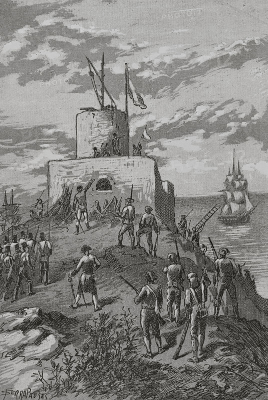 Peninsular War (1808-1814). French troops under the command of General Lechi occupied the castle of Montgat on June 16, 1808. On July 31, an attack was launched to recapture the castle. A Spanish and an English frigate lined up with the castle and began a maneuver. Simultaneously the companies of miqueletes intervened, helped by the somatenes of the area of Montgat and Premia. The French troops were captured inside the castle by an English detachment that had disembarked from one of the frigates. Capture of the castle of Mongat by the Sometent. Illustration by Serra Pausas. ""Glorias Espanolas"" (Glories of Spain). Volume IV. Published in Barcelona, 1890.