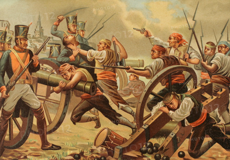 Spanish War of Independence (1808-1814). Episode of the Siege of Zaragoza (1808). Chromolithography. ""Glorias Espanolas"" (Glories of Spain). Volume IV. Published in Barcelona, 1890.