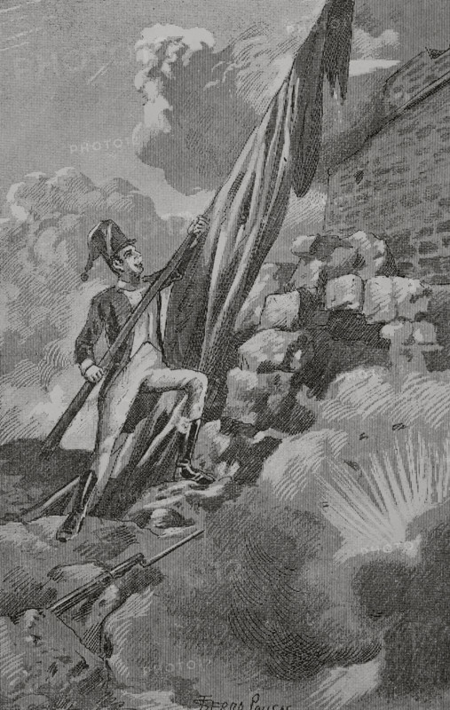 Peninsular War (1808-1814). Catalonia. Siege of Gerona (6 May 1809). Feat of Sub-lieutenant Mariano Montoro, from the Vich volunteers. On 3 July 1809, during the French artillery attack on Montjuic Castle, a Spanish flag was hit by French cannon fire and fell into the moat, whereupon Sub-lieutenant Montoro went down to pick it up and hoisted it up again, nailing it to the top of the castle. Illustration by Serra Pausas. ""Glorias Espanolas"" (Glories of Spain). Volume IV. Published in Barcelona, 1890.