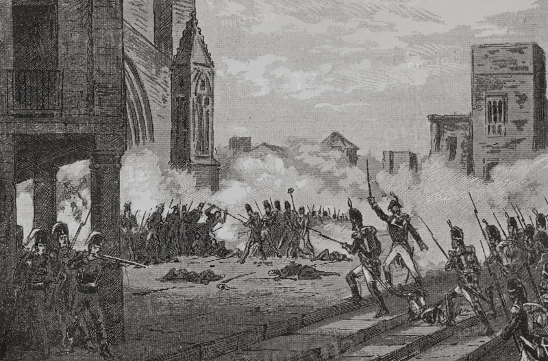 Spain, Catalonia. Peninsular War (1808-1814). Siege of Tarragona (1811). It confronted the French troops under the command of General Suchet against the Spanish troops led by Juan Senen de Contreras, military governor of the city. The fighting took place between 5 May and 29 June 1811, ending with the French occupation of the city. Tarragona remained under French control until Suchet's retreating on 13 August 1813. Combat in the cathedral square. Engraving. ""Glorias Espanolas"" (Glories of Spain). Volume IV. Published in Barcelona, 1890.