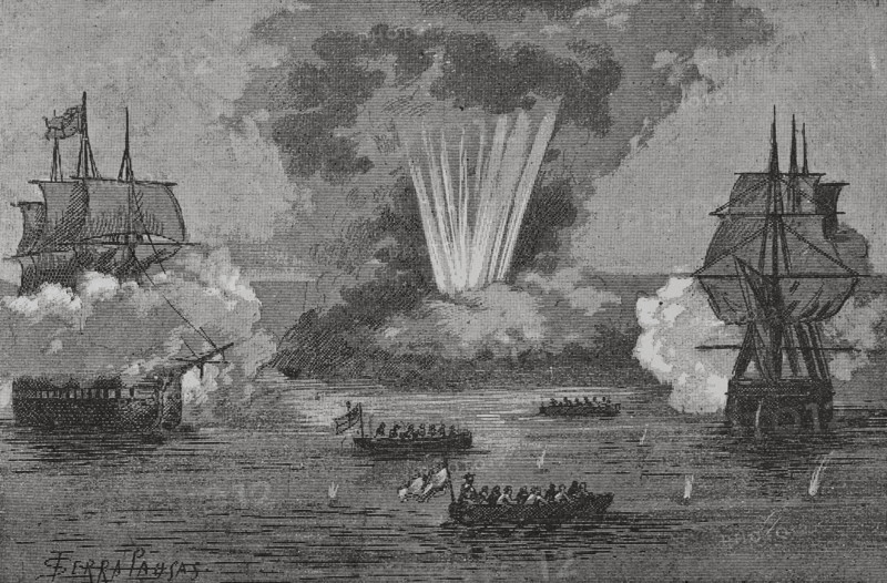 Peninsular War (1808-1814). Catalonia. Medes Islands. The small British garrison blew up the fort the French had built on Meda Gran and left the islands during the night of 2 to 3 September 1811. Blowing up the fortifications of the Medes Islands. Illustration by Serra Pausas. ""Glorias Espanolas"" (Glories of Spain). Volume IV. Published in Barcelona, 1890.