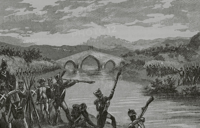 Peninsular War (1808-1814). In January 1814, the French garrisons in the towns of Lerida, Mequinenza and Monzon were evacuated. This was a plot hatched by Generals Juan Van Halen and Baron d'Eroles (Joaquin Ibanez Cuevas y de Valonga, 1785-1825), among others, who forged documents ordering the French to leave these places, feigning an agreement between Suchet and the Spanish generals. They would be allowed to return to France. The French were finally captured at Martorell. A large part of the captured troops were moved to Saragossa by order of the Regency. Baron de Eroles takes the French prisoner at Martorell (province of Barcelona, Catalonia). ""Glorias Espanolas"" (Glories of Spain). Volume IV. Published in Barcelona, 1890.