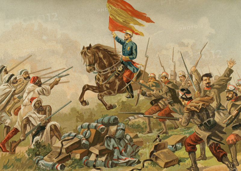 Hispano–Moroccan War (1859–1860). It confronted Spain with Morocco during the reign of Isabel II and the government of Leopoldo O'Donnell. ""Battle of Castillejos"" (1 January 1860). First Spanish victory during the First Moroccan War, opening the way to the conquest of Tetouan. Heroism of General Prim at Castillejos. Chromolithography. ""Glorias Espanolas"" (Glories of Spain). Volume IV. Published in Barcelona, 1890.