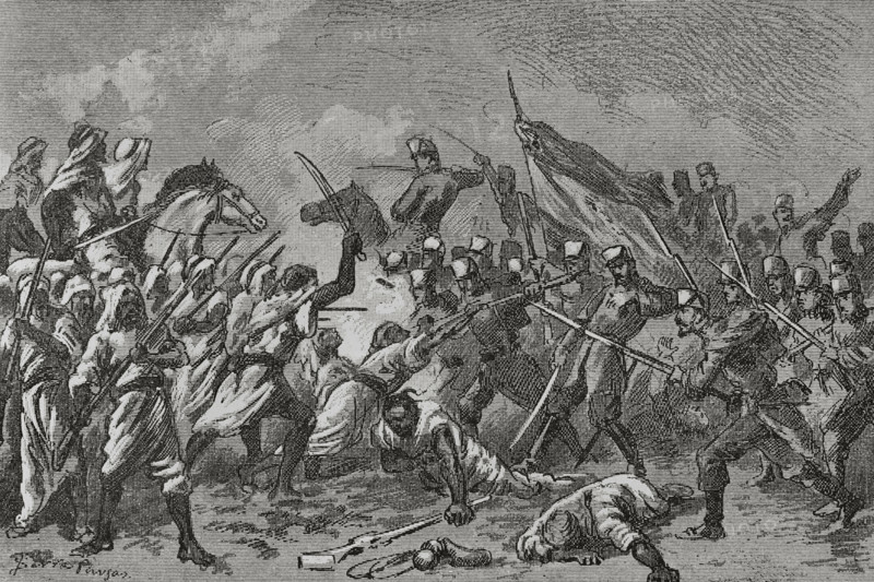 Hispano-Moroccan War (1859-1860). Military conflict between Spain and the Sultanate of Morocco. ""Battle of Wad-Ras"" (23 March 1860). After conquering the city of Tetouan in February 1860, the Spanish expeditionary army under General Leopoldo O'Donnell advanced towards Tangier. On 23 March, troops led by Generals Echague, Ros de Olano and Prim defeated the Moroccan forces in the valley of Wad-Ras. Illustration by Serra Pausas. ""Glorias Espanolas"" (Glories of Spain). Volume IV. Published in Barcelona, 1890.