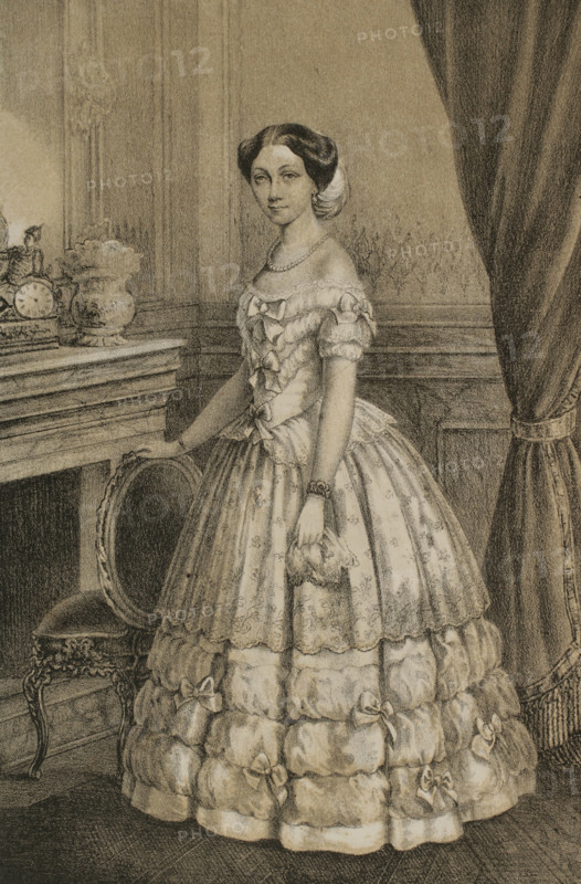 Marie of Saxe-Altenburg (1818-1907). Queen consort of Hanover by her marriage in 1843 to King George V of Hanover (1819-1878). Portrait. Drawing by M. Iglesias. Lithography by J. Donon. ""Reyes Contemporaneos"" (Contemporary Kings). Volume III. Published in Madrid, 1854.