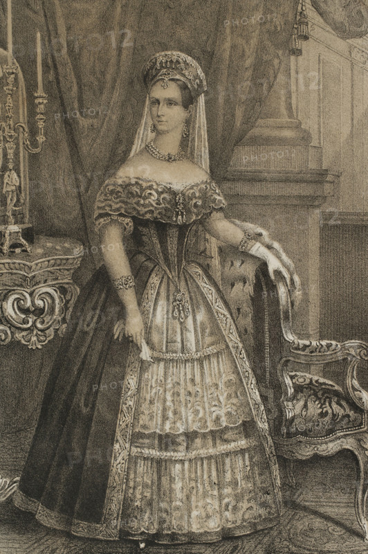 Charlotte of Prussia (1798-1860). Empress consort of Russia (1825-1855) as Alexandra Fyodorovna, by marriage to Tsar Nicholas I (1796-1855). Portrait. Drawing by C. Legrand. Lithography by J. Donon. ""Reyes Contemporaneos"" (Contemporary Kings). Volume III. Published in Madrid, 1854.