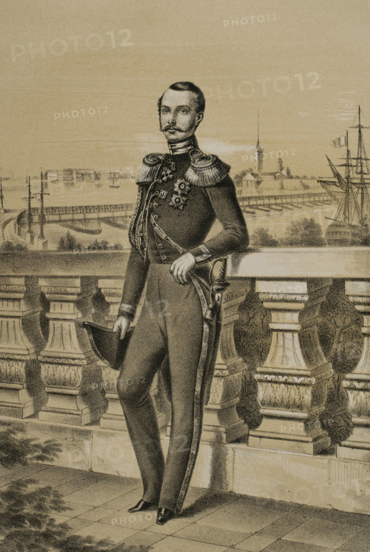 Alexander II of Russia (Alexander Nikolaievich) (1818-1881). Emperor of Russia (1855-1881), Grand Duke of Finland and King of Poland. Portrait of Alexander Nikolaievich as Grand Duke of Russia (Velikiy Knjaz). Drawing by A. Belvedere. Lithography by J. Donon. ""Reyes Contemporaneos"" (Contemporary Kings). Volume III. Published in Madrid, 1854.