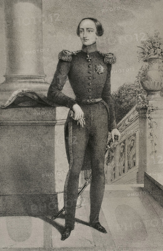 Leopold II of Belgium (1835-1909), whose birth name was Leopold Louis Philippe Maria Victor of Saxe-Coburg-Gotha. King of Belgium (1865-1909). Portrait as young, as heir to the throne. Drawing by C. Legrand. Lithography. ""Reyes Contemporaneos"" (Contemporary Kings). Volume III. Published in Madrid, 1854.