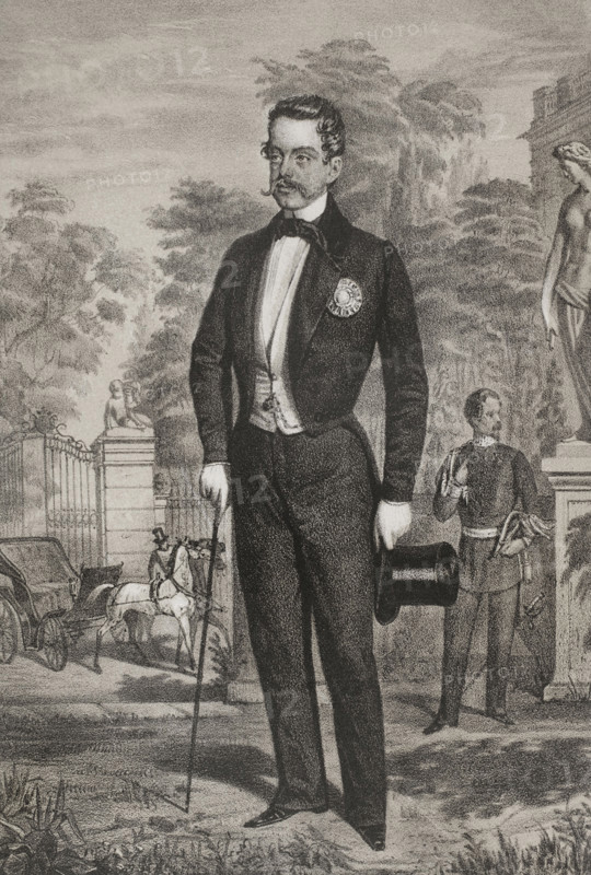 Victor Emmanuel II (1820-1878). Last King of the Kingdom of Sardinia (1849-1861) and the first King of Italy (1861-1878). Portrait as King of Sardinia. Drawing by B. Blanco. Lithography by J. Donon. ""Reyes Contemporaneos"" (Contemporary Kings). Volume III. Published in Madrid, 1854.