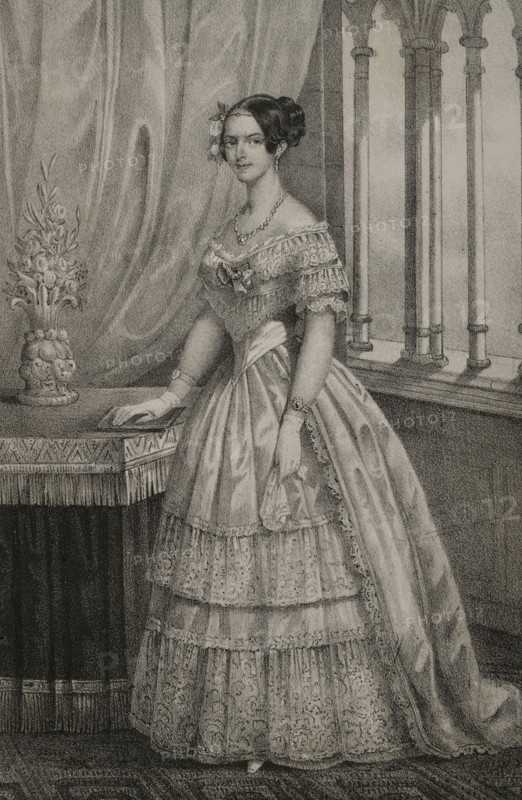 Adelaide of Austria (1822-1855). Austrian Archduchess. Queen consort of Sardinia (1849-1855) by her marriage to King Victor Emmanuel II (1820-1878). Portrait. Drawing by C. Legrand. Lithography by J. Donon. ""Reyes Contemporaneos"" (Contemporary Kings). Volume III. Published in Madrid, 1854.