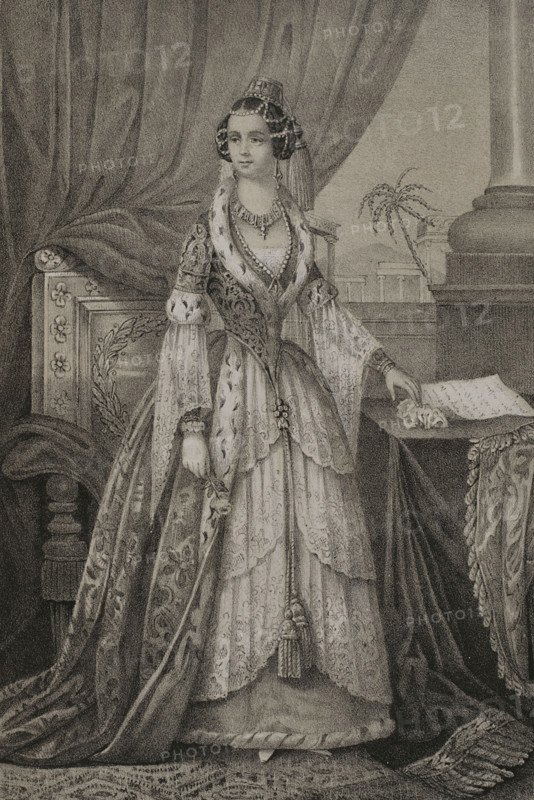 Amalia of Oldenburg (1818-1875). Queen consort of Greece (1832-1862) by her marriage to Otto I (1815-1867). Portrait. Drawing by C. Legrand. Lithography by J. Donon. ""Reyes Contemporaneos"" (Contemporary Kings). Volume III. Published in Madrid, 1854.
