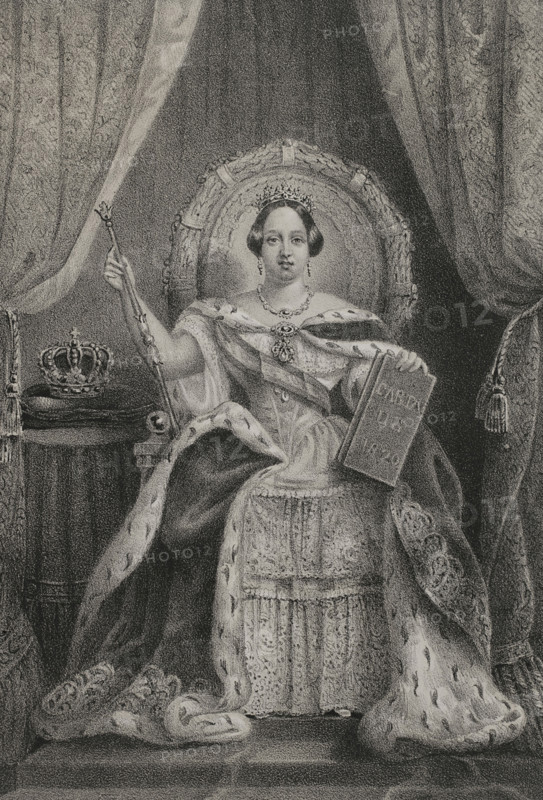 Maria II of Portugal (1819-1853). Queen of Portugal born in Rio de Janeiro (Brazil), called ""the Good Mother"" and ""the Educator"". She reigned for two periods: 1826-1828 and 1834-1853. Portrait. Drawing by C. Legrand. Lithography by J. Donon. ""Reyes Contemporaneos"" (Contemporary Kings). Volume III. Published in Madrid, 1854.