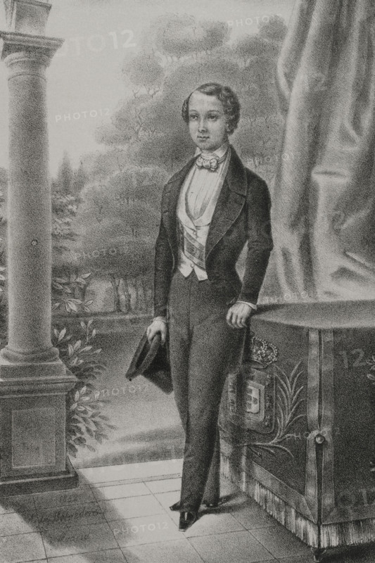 Pedro V of Portugal (1837-1861), so-called the Hopeful. King of Portugal (1853-1861). Portrait as Crown Prince of Portugal in 1852. Drawing by Augusto Belvedere. Lithography by J.J. Martinez. ""Reyes Contemporaneos"" (Contemporary Kings). Volume III. Published in Madrid, 1854.