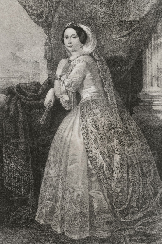 Maria Theresa of Austria (1816-1867). Archduchess of Austria. Queen consort of the Two Sicilies (1837-1859) by her marriage in 1837 to King Ferdinand II of the Two Sicilies (1810-1859), whose second wife she was. Portrait. Drawing by B. Blanco. Lithography by J. Donon. ""Reyes Contemporaneos"" (Contemporary Kings). Volume III. Published in Madrid, 1854.