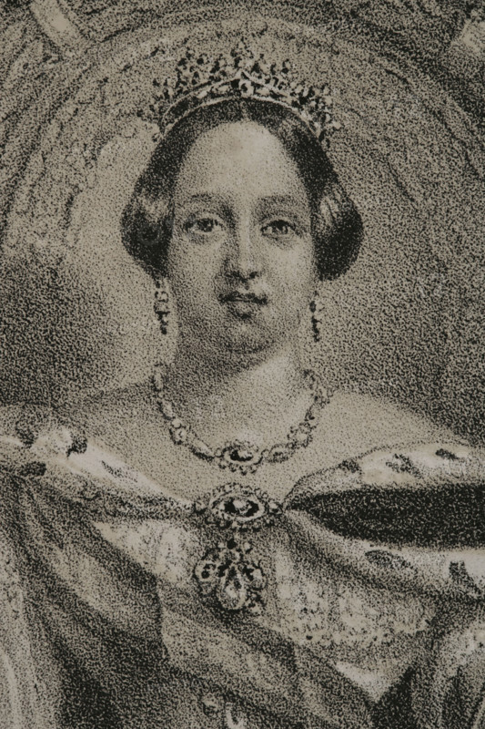 Maria II of Portugal (1819-1853). Queen of Portugal born in Rio de Janeiro (Brazil), called ""the Good Mother"" and ""the Educator"". She reigned for two periods: 1826-1828 and 1834-1853. Portrait. Drawing by C. Legrand. Lithography by J. Donon. Detail. ""Reyes Contemporaneos"" (Contemporary Kings). Volume III. Published in Madrid, 1854.